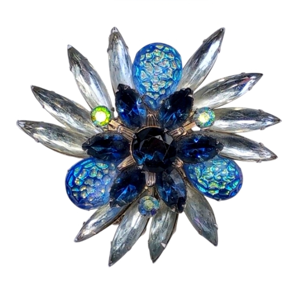 Vintage Flower Layered Blue, Multi-Tone Navette Rhinestones Pearl 3 Inch Brooch